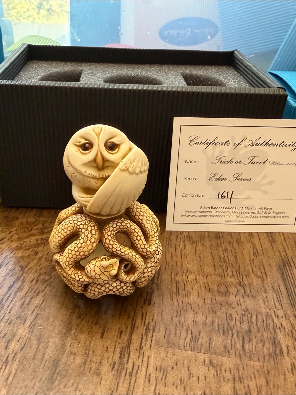 Adam Binder ‘Trick or Tweet' Resin Owl & Snake Figurine - Cream
